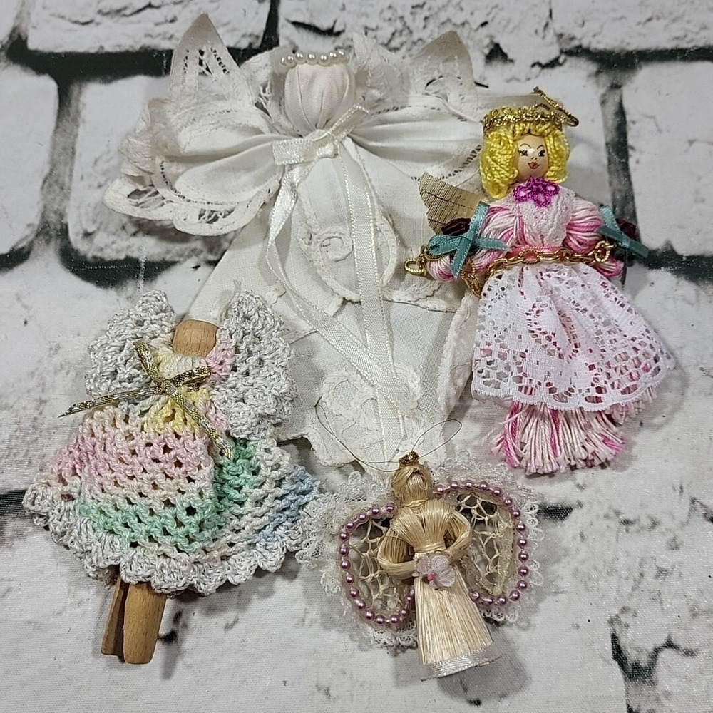 Christmas Angels Hand Crafted Ornament Lot Of 4 Clothespin Wicker Crafts‎